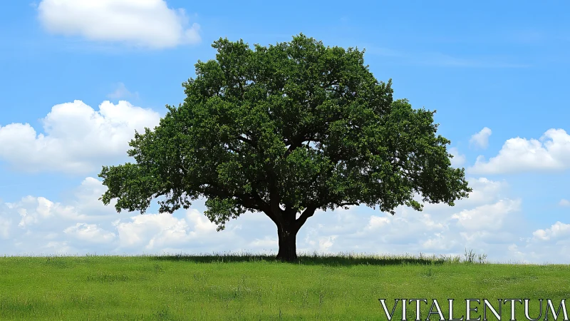 Majestic Lone Oak Tree on Grassy Hill with Blue Sky Backdrop.