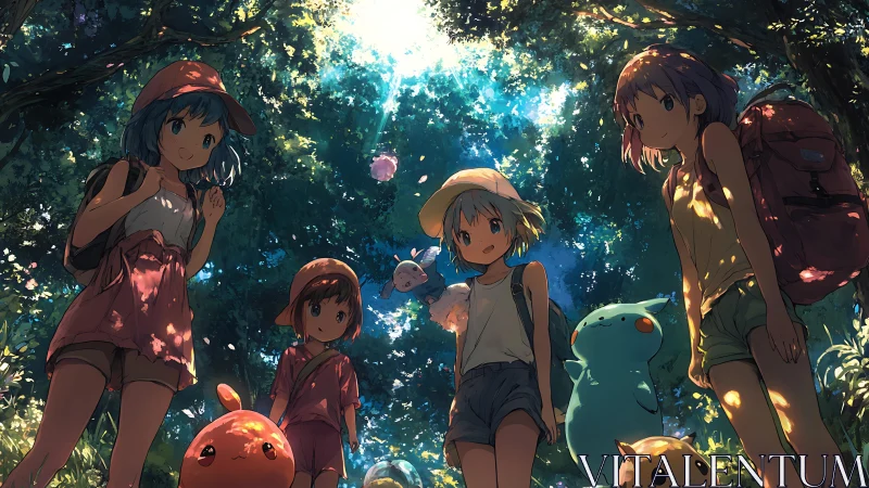 Children with backpacks and creatures in shaded forest clearing.