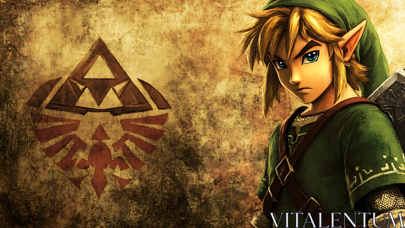 Heroic elf warrior stands ready beside bold golden emblem