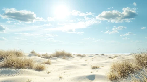 Sunlit coastal dunes convey atmospheric depth and luminous calm