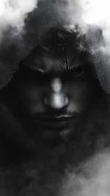 Monochrome hooded male portrait emerges through dense digital mist