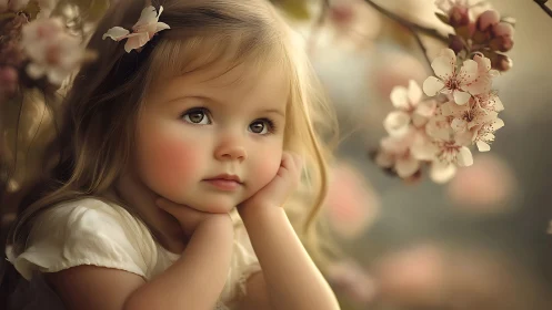 Young Girl with Blonde Hair Among Flowering Branches