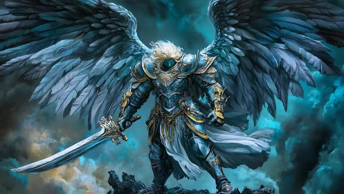 Armored winged paladin descends through turbulent cyan storm clouds