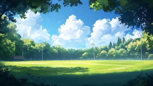 Summer field under friendly skies and a quiet green border.