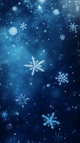 Falling snowflakes on deep blue winter background.