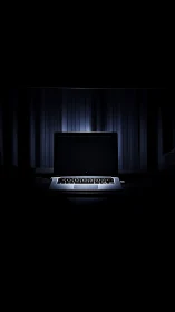 Backlit laptop glows in dark studio environment
