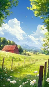 Sunlit rural meadow stretches toward distant blue mountains