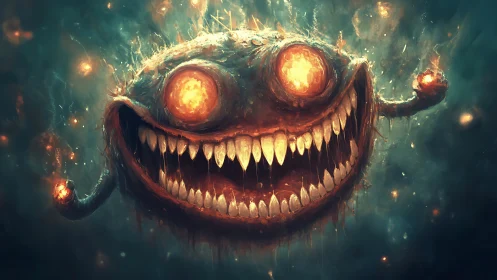 Smiling cosmic monster glowing with wild ember-bright eyes.