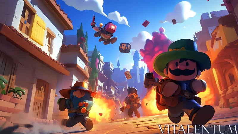 Cartoon battle scene in stylized medieval town street.