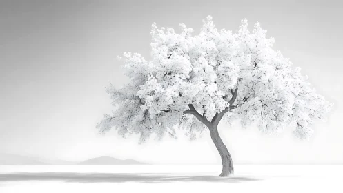 Solitary white tree rendered in minimalist high-key monochrome