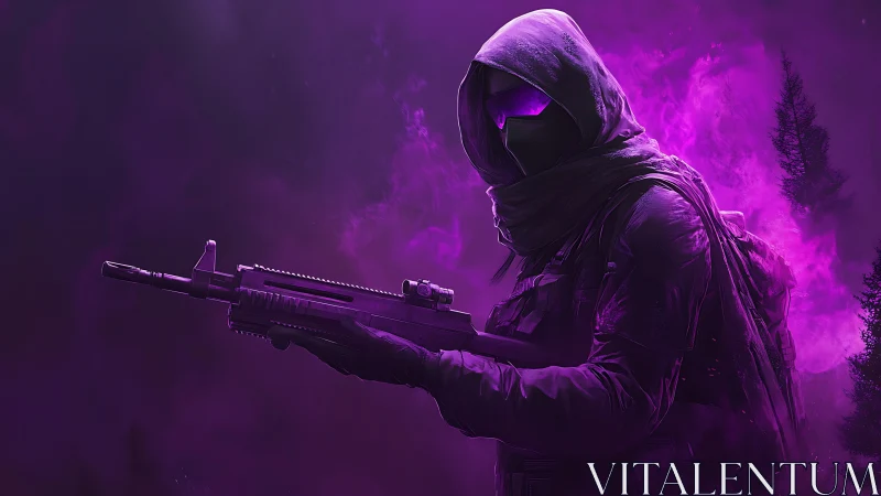 Violet ghost soldier prowls through neon fog with silent aim