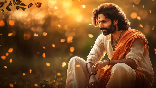 Meditative sage in saffron robes under warm bokeh sunset light