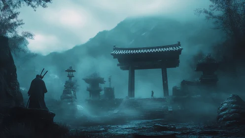 Fog shrouded samurai at mountain shrine gate in cyan dusk