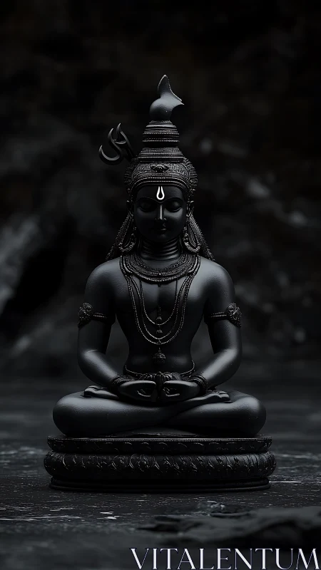 Monochrome Shiva statue in meditative stillness on stone pedestal.