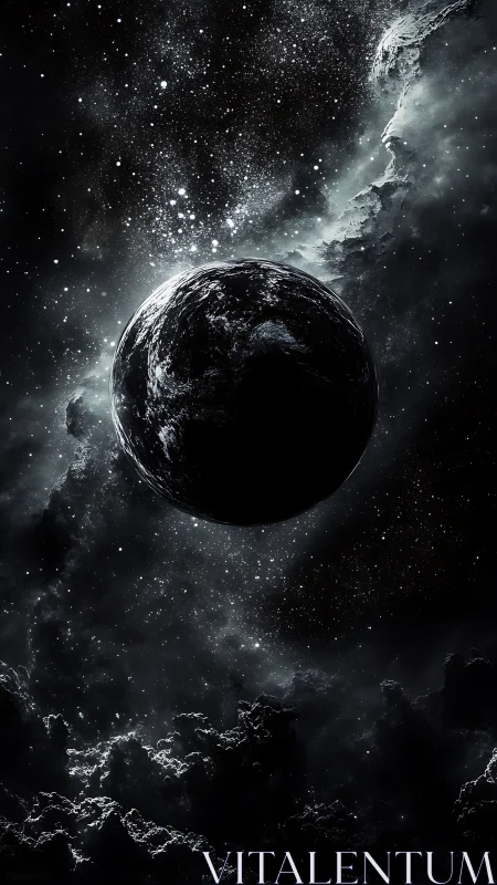 Midnight planet drifts through spilled starlight and cosmic fog