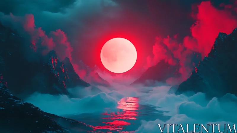 Large luminous orb aligns above misted water between ridges