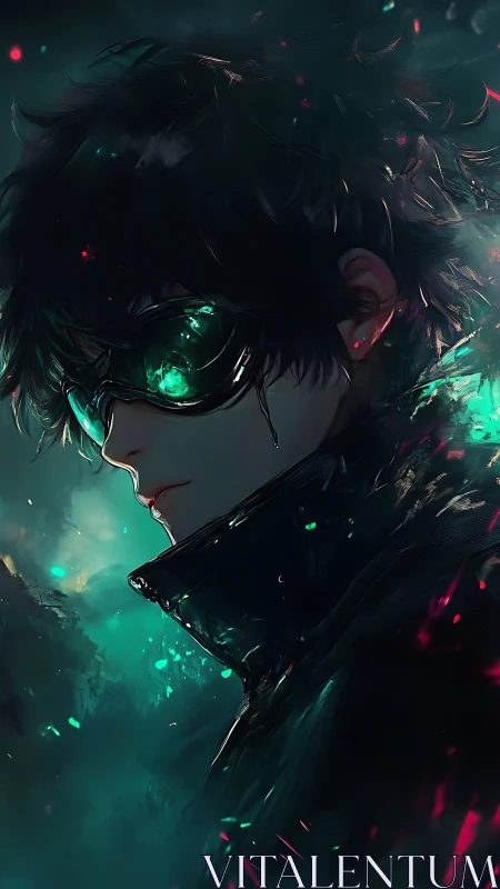 Side profile of youth in goggles with green light effects.