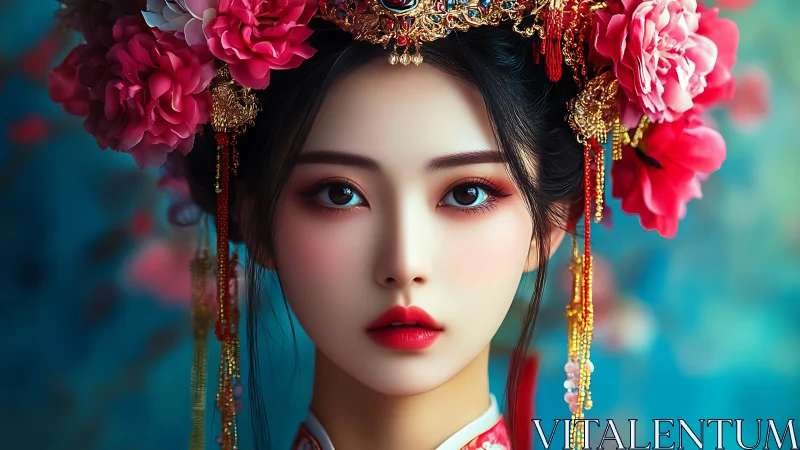 Digital portrait shows woman in ornate traditional headdress