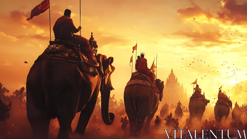 Sunset elephant procession toward a distant golden temple.