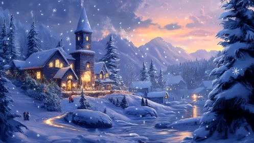 Digital painting of illuminated snowy village at winter dusk.