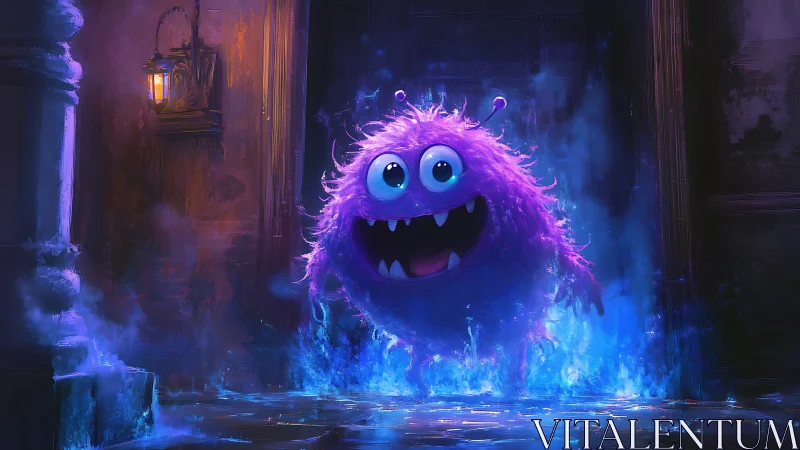 Fluffy purple monster bursts from glowing blue portal doorway.