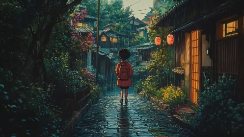 Solitary child in rain-soaked alley rendered in moody anime lighting