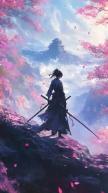 Samurai silhouette surveying mist-laden sakura valley vista.