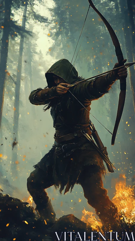 Hooded archer drawing bow in burning forest scene.