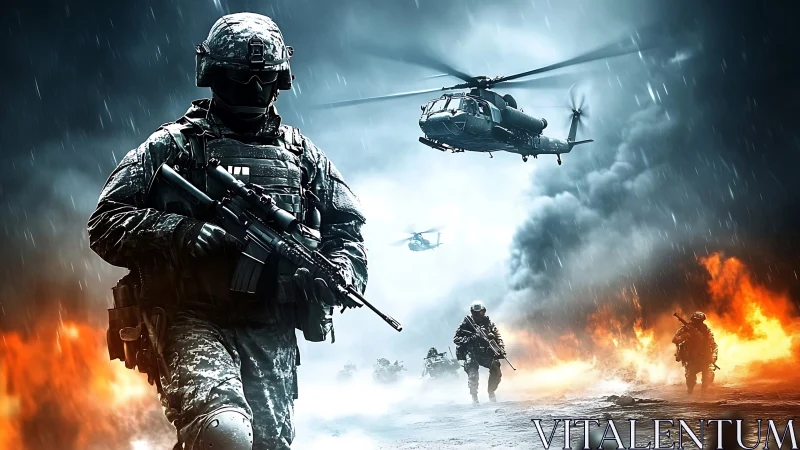 Digital render shows armed soldiers advancing under helicopters