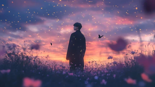 Solitary figure stands in field beneath illuminated dusk sky