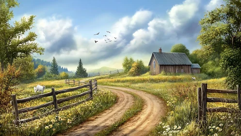 Curving dirt farm lane toward wooden cottage in verdant meadow