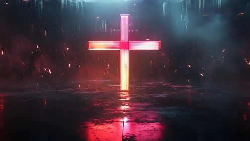 Luminous neon cross glows in a dark, futuristic chamber