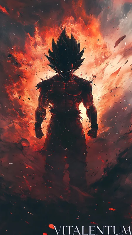 Fiery warrior silhouette strides through erupting inferno