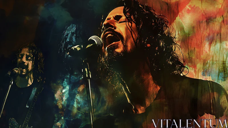 Digital painting triptych of rock vocalist in dynamic concert light.