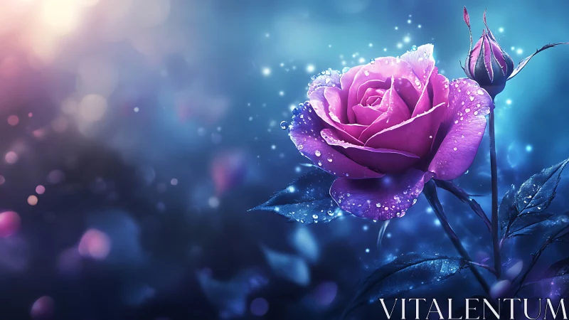 Magenta Rose with Dewdrops in Luminous Blue Setting.