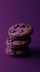 Chocolate cookies stack under dramatic violet studio light.