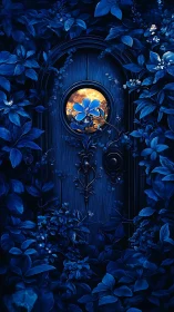 Nocturnal floral portal with luminous window and ornate ironwork.