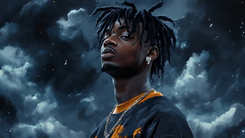 Storm-lit urban portrait of confident young man gazing skyward.