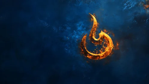 Fiery abstract flame symbol on textured blue background, digital art.