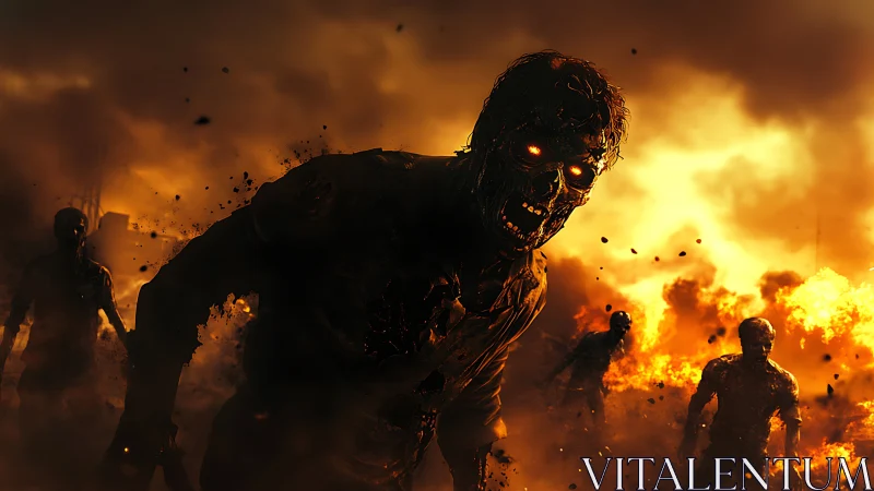 Apocalyptic inferno with advancing molten-eyed zombie horde