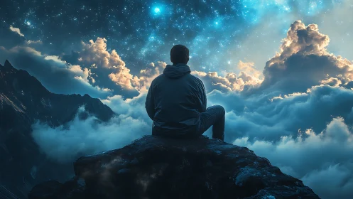 Person sits on mountain peak above clouds under starry sky