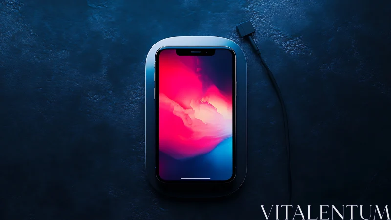 Premium smartphone with vibrant gradient display on textured blue surface