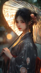 Rainlit kimono stroll beneath a softly glowing umbrella.