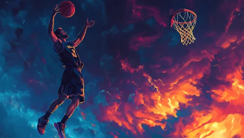 Soaring basketball player rises toward a glowing sunset hoop