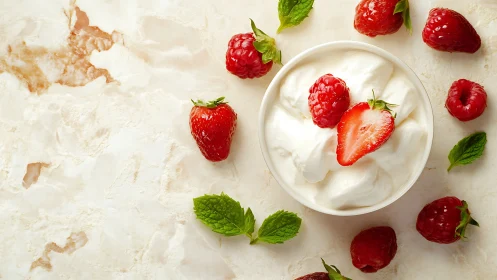 Creamy yogurt dessert topped with fresh berries and mint