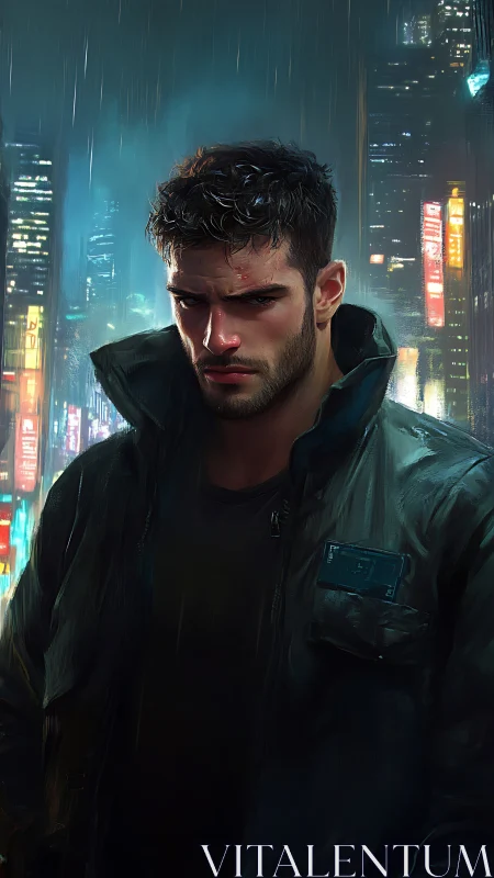 Brooding cyberpunk enforcer in neon rain-soaked megacity street