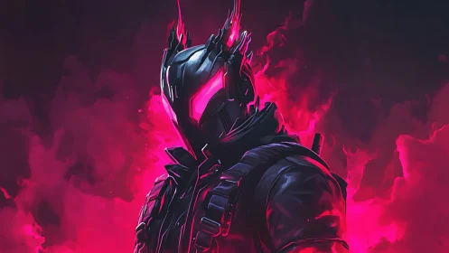 Neon-armored cyber warrior stands strong in glowing pink smoke