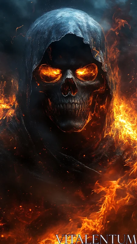 Flaming skull in hooded cloak emerges from surrounding fire