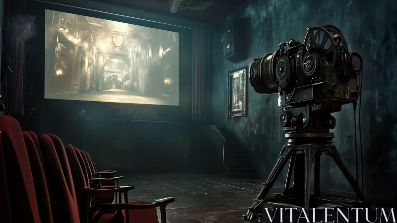 Vintage film projector glows in a moody empty cinema hall