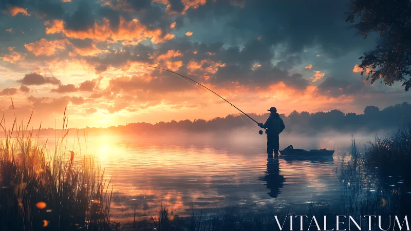 Solitary angler bends dawn’s mirror on a misty lake horizon.